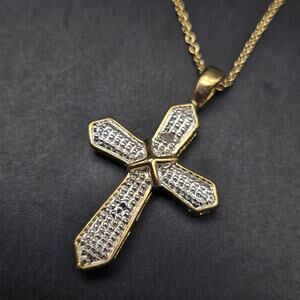 Diamond Chip Cross Pendant Necklace Gold Tone Religious Jewelry